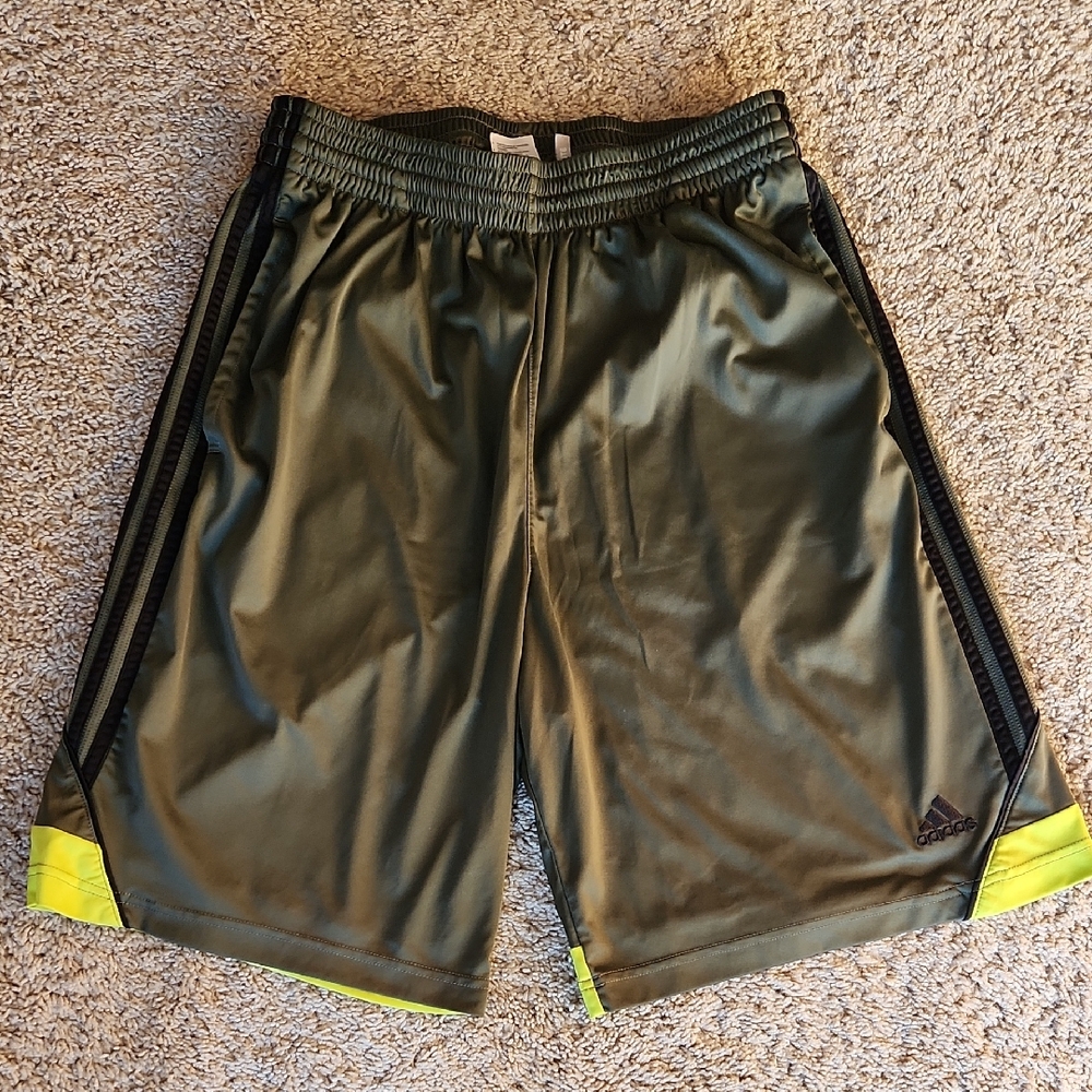 Adidas Men's Olive and Neon Yellow Athletic Shorts